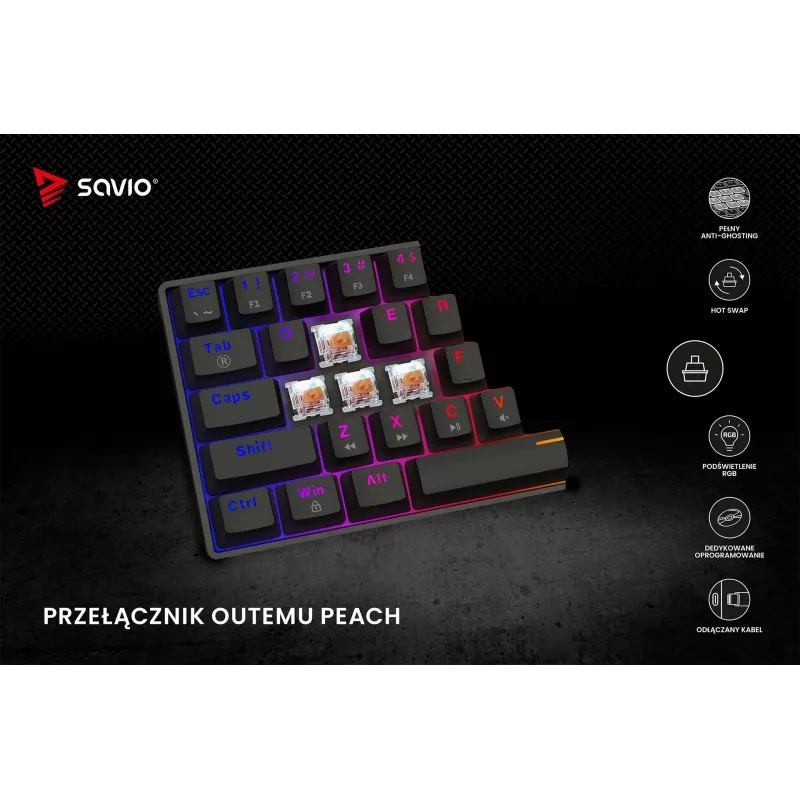 Teclado gaming mecânico SAVIO BLACKOUT X2 PEACH — 61 teclas 60 % QWERTZ, RGB LED, hot-swap, USB Type-A/Type-C, cabo removível