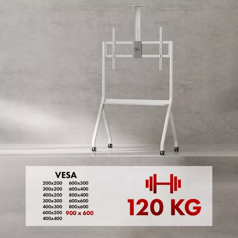 Suporte de TV de chão MACLEAN MC-114 W para ecrãs 55-100 polegadas, branco, VESA até 900x600, carga máxima 120 kg, altura 115–152 cm, prateleira