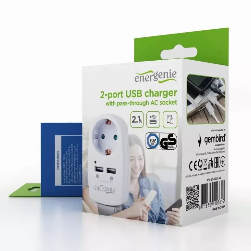 Carregador USB com tomada de passagem/EG-ACU2-02 Gembird