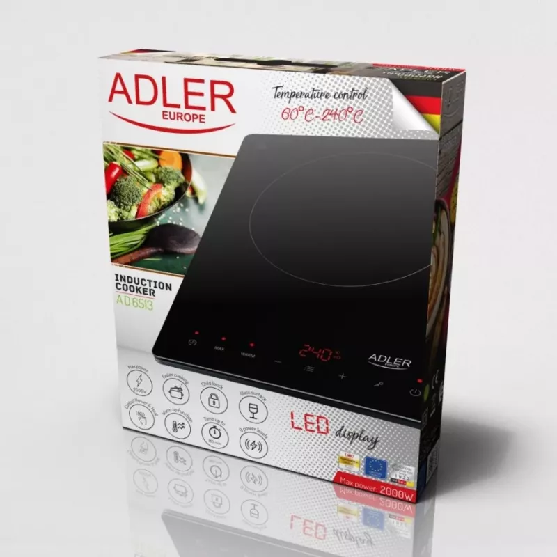 Placa de cozinha Adler AD 6513 Preta Aparelho de mesa 29 cm Zona Placa de indução 1 Zona(s)
