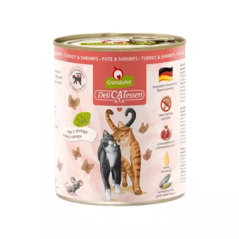 Comida húmida para gatos Fox4Pets GRANATAPET DeliCATessen Peru e Camarão, sem cereais, 800 g, alimento completo para gatos adultos