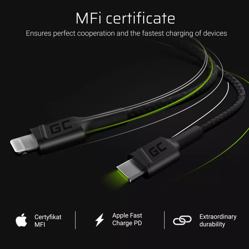Green Cell PowerStream KABGC07 cabo USB-C para Lightning, 1 m, PD, Apple MFi, preto