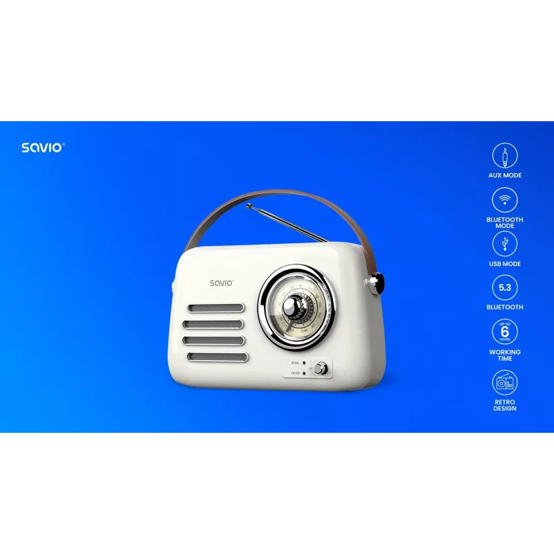 Rádio portátil SAVIO RS-02 — sintonizador FM analógico, Bluetooth 5.3, alimentação USB, 3 W, branco