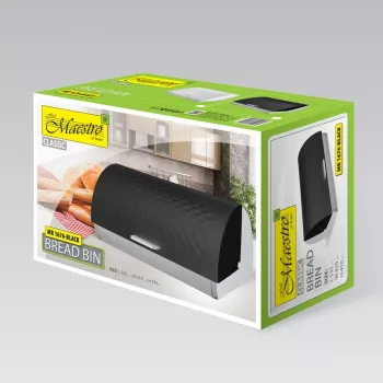 Caixa de pão de mesa Maestro MR-1676 preta – aço inoxidável, tampa rebatível, 385×255×190 mm