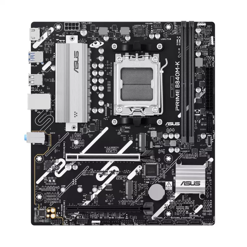 Placa-mãe ASUS PRIME B840M-K — AMD B840, socket AM5, micro ATX, DDR5, 2 DIMM, 128 GB, 2.5 GbE, M.2, SATA III