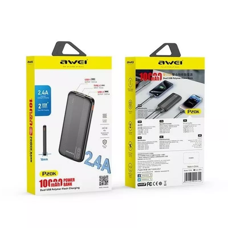 Powerbank Awei P20K 10000mAh preto/preto (10000mAh), powerbank, preto