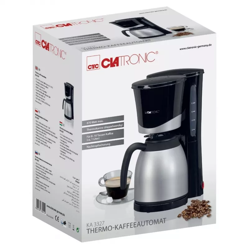 Máquina de café de filtro CLATRONIC KA 3327 — totalmente automática, 10 chávenas, 870 W, aço inoxidável/preto