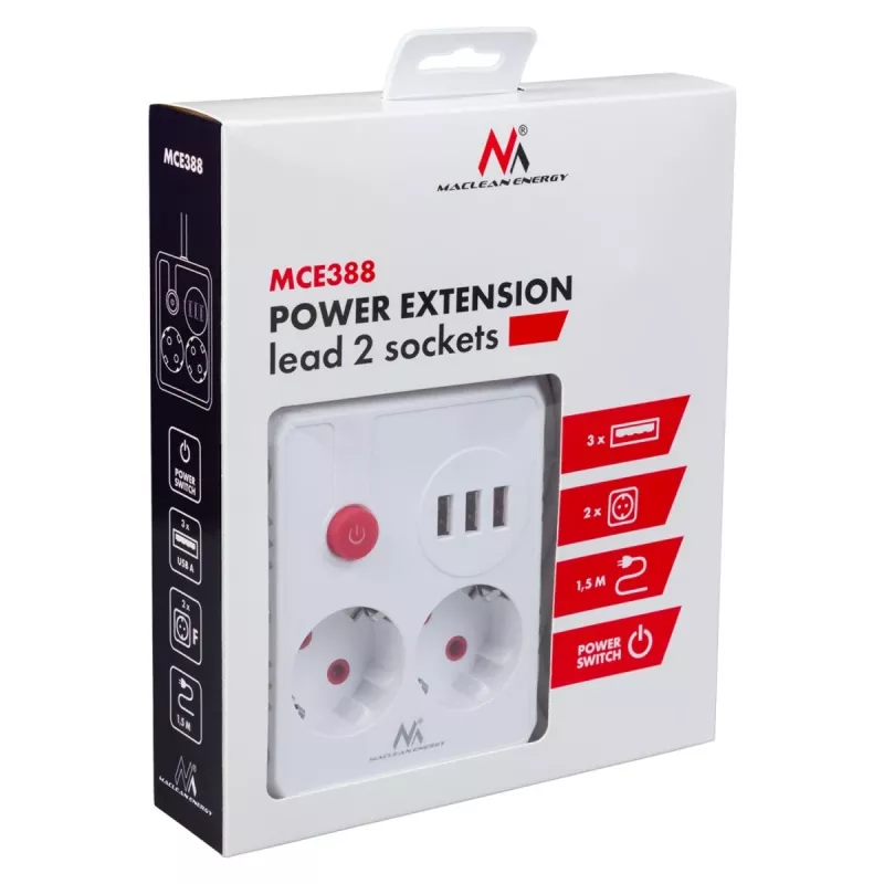 Extensão elétrica MACLEAN MCE387 W — 2 tomadas, 3×USB A, 110–240 V, 2500 W, cabo de 1,5 m, branco