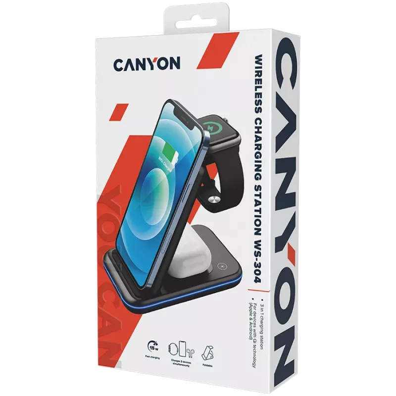 Carregador sem fios CANYON WS-304 15W 3em1 preto
