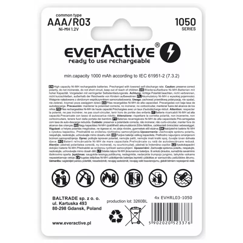 Pilhas recarregáveis AAA NiMH everActive EVHRL03-550 1,2 V 550 mAh pack de 4, cilíndricas R03