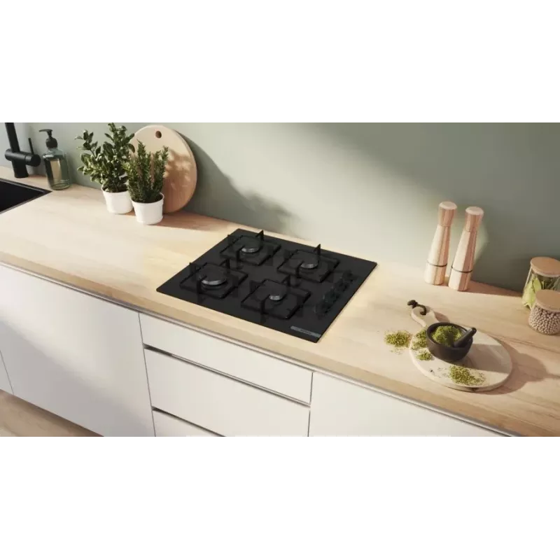 Placa de gás de encastrar Bosch Serie 2 POP6B6K30 60 cm, 4 zonas de gás, placa vitrocerâmica preta, controlo por botões rotativos