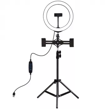 Anel de luz LED 26 cm com tripé até 1,1 m e 3 suportes para telemóvel, USB