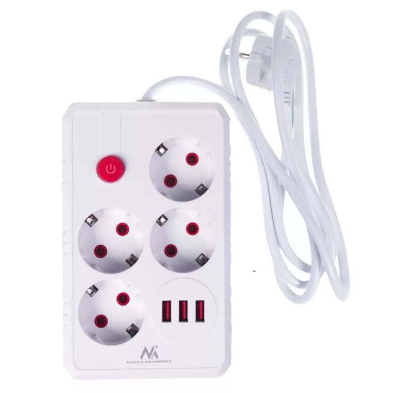 Extensão elétrica MACLEAN MCE392 W — 4 tomadas F, 3×USB A, 110–240 V, 2,1 A máx, 2500 W, cabo de 1,5 m, branco