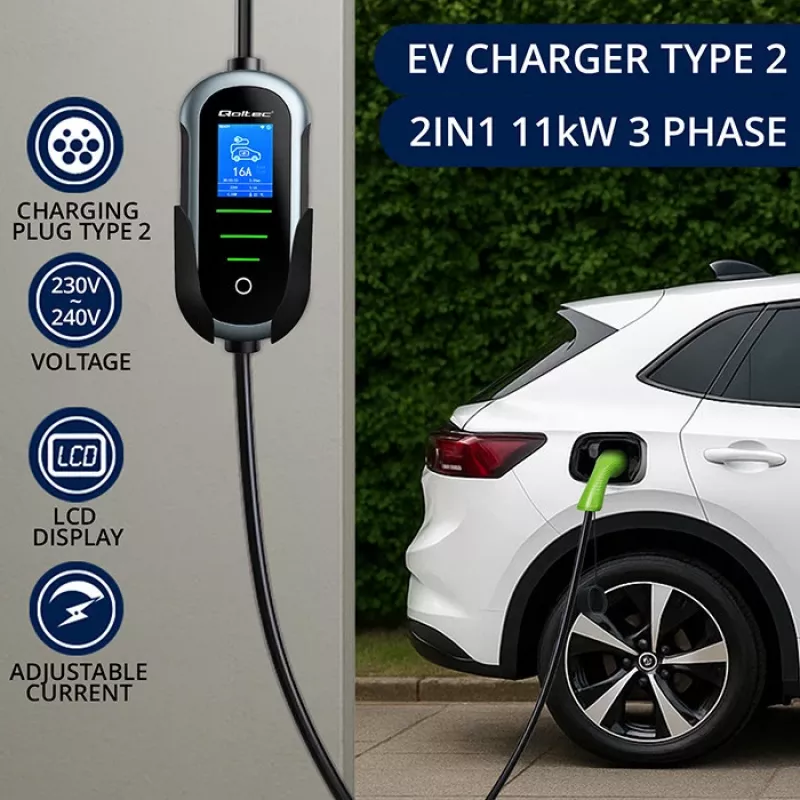 Carregador para veículos elétricos QOLTEC Mobile EV 2in1 Type2 11 kW 400 V Wi‑Fi TUYA SMART LIFE LCD wallbox portátil cabo 5 m