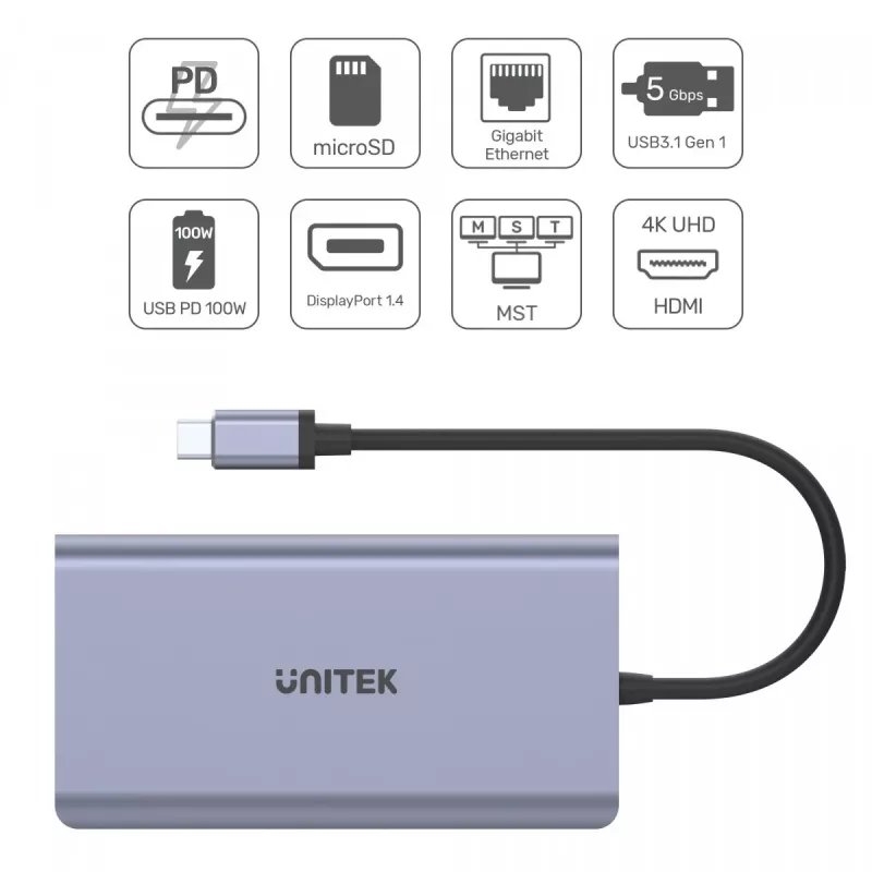 Hub UNITEK uHUB S7 USB 3.2 Gen 1 Type-C cinzento