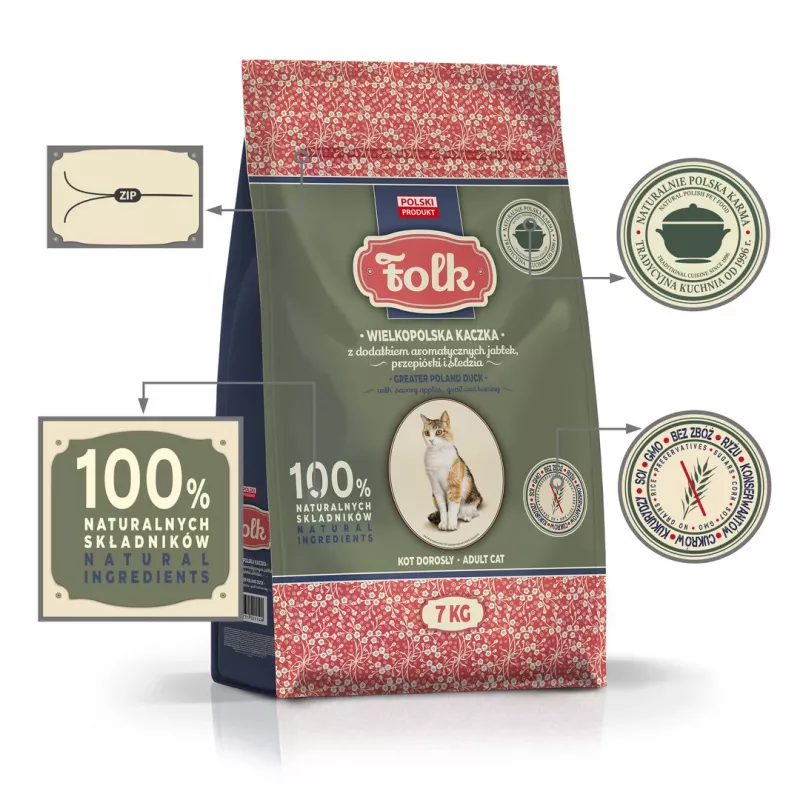 FOLK pato à moda da Grande Polónia com maçãs, codorniz e arenque - comida seca para gatos - 7kg