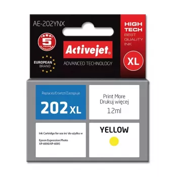 Tinteiro ActiveJet AE-202YNX amarelo, compatível com Epson 202XL, 12 ml tinta de corante, alto rendimento (XL), embalagem individual
