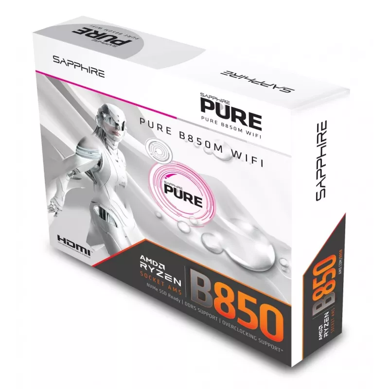 Placa-mãe Sapphire PURE B850M WIFI Micro ATX — AMD B850, Socket AM5, DDR5 até 8000 MHz, 4 DIMM, Wi‑Fi 6, 2,5 Gb LAN, 2× M.2, PCIe 5.0 x16