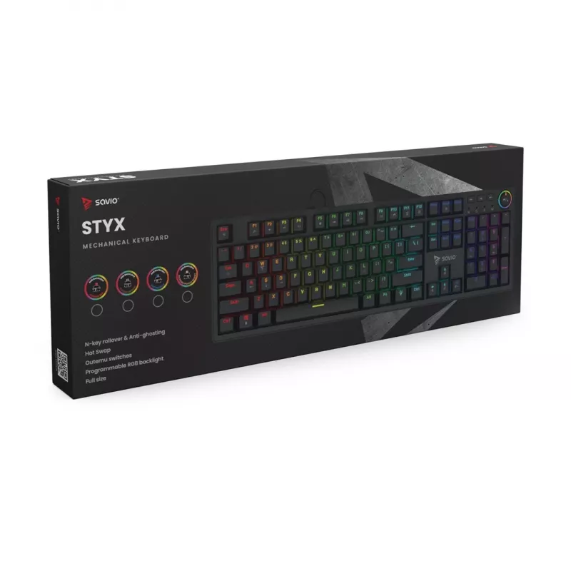 SAVIO STYX Brown teclado mecânico gaming, Outemu Brown, Hot-Swap, RGB, disposição US, tamanho completo, USB, preto