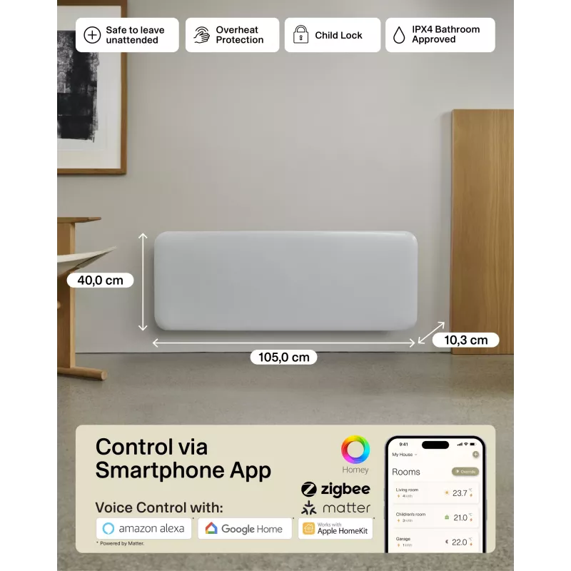 Aquecedor inteligente WiFi invisível Mill | PA2000WIFI4 | aquecedor de painel | 2000 W | adequado para divisões até 24-28 m² | branco | IPX4