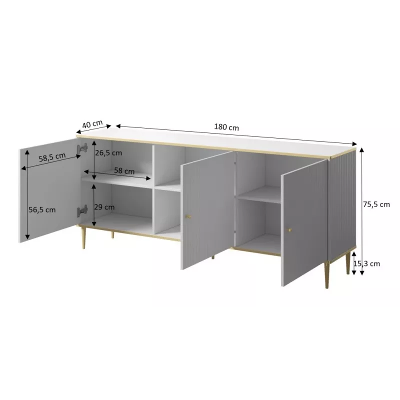 Cómoda GLAMOUR 180x40x75,5 cm, preto mate + dourado