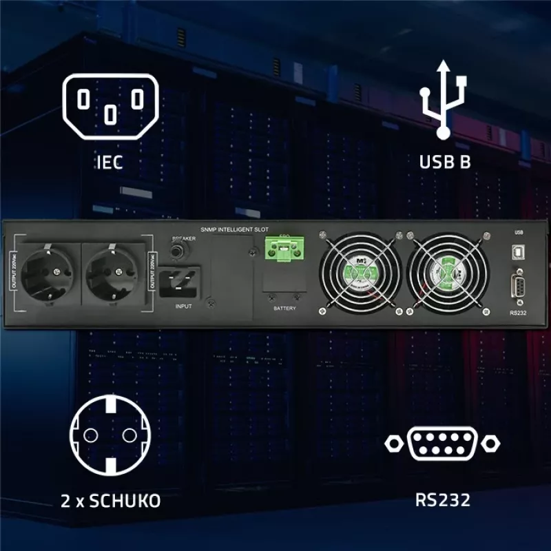 UPS Qoltec AWARYJNY DO RACK 3KVA 3000W fator de potência 1.0 LCD EPO USB on-LINE (3VA, 3000W, UPS online de dupla conversão), UPS