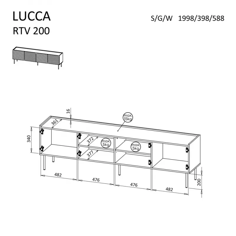Móvel de TV cama meble LUCCA 4D, 2000×400×590 mm, branco, tampo em aglomerado