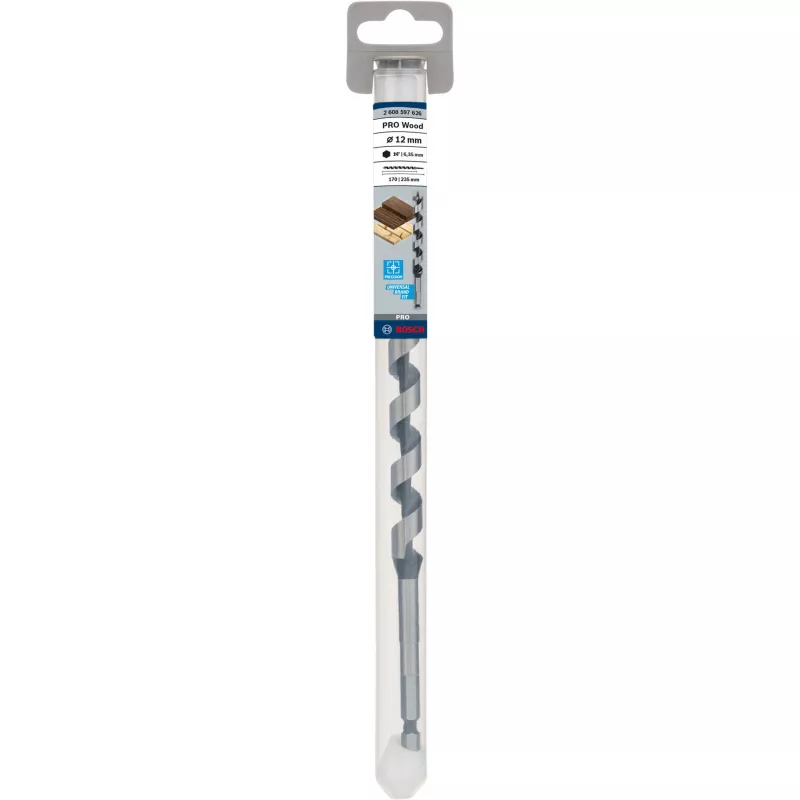 Bosch PRO Wood 2608597626 broca helicoidal para madeira, 12 mm, comprimento total 235 mm, comprimento útil 170 mm, haste sextavada de 1/4 de polegada, 1 un.