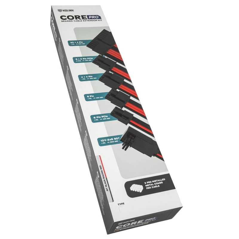 Kit de cabos/adaptadores Kolink Core Pro 12V-2x6 Tipo 2 revestido, Jet Black/Racing