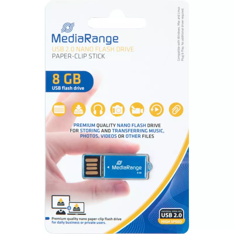 USB Nano 8 GB, pen drive azul, USB-A 2.0, com função de clipe