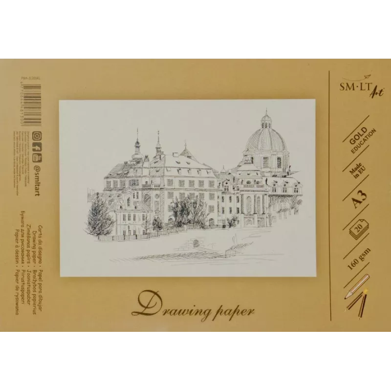 Papel de desenho e esboço SMLT A3, 160 g/m², 20 folhas, colado