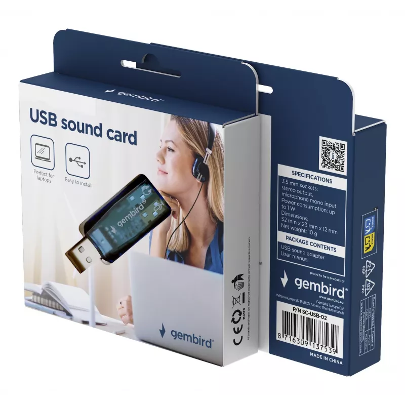 Placa de som externa USB Gembird Virtus2 — interface USB, auscultadores de 3,5 mm, azul transparente