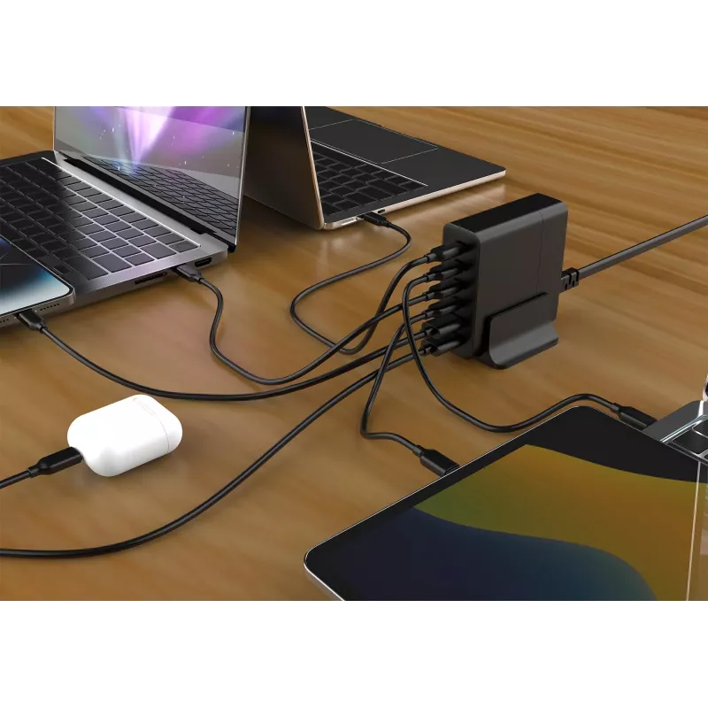 Carregador GEMBIRD para dispositivos móveis TA-UC-2A4C-PD75-01-BK — 75 W, 4× USB-C + 2× USB-A, PD & QC3.0, 6 dispositivos em simultâneo, cabo de 1,5 m, preto