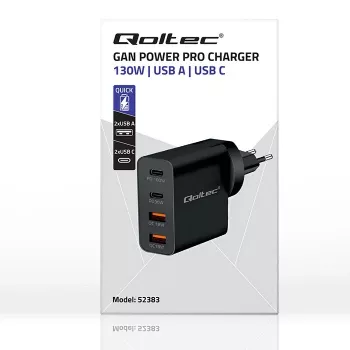 Carregador Qoltec GaN POWER PRO | 2xUSB-C | 2xUSB | 130W | 5-20V | 1.5-5A | XP | preto