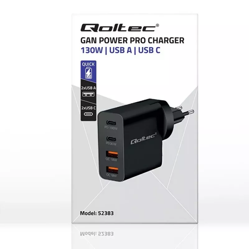 Carregador Qoltec GaN POWER PRO | 2xUSB-C | 2xUSB | 130W | 5-20V | 1.5-5A | XP | preto