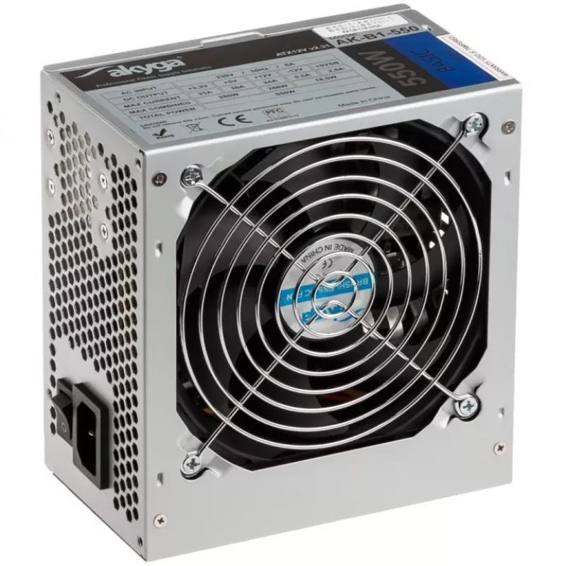 Fonte de alimentação ATX Akyga Basic AK-B1-550 550 W, ventoinha de 120 mm, PFC passivo, cinzento