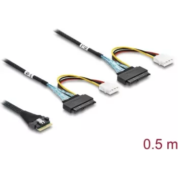 Cabo DELOCK PCIe 4.0 slim SAS SFF-8654 8i para 2× conectores fêmea U.2 SFF-8639 com ligação de alimentação 0,5 m