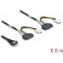 Cabo DELOCK PCIe 4.0 slim SAS SFF-8654 8i para 2× conectores fêmea U.2 SFF-8639 com ligação de alimentação 0,5 m