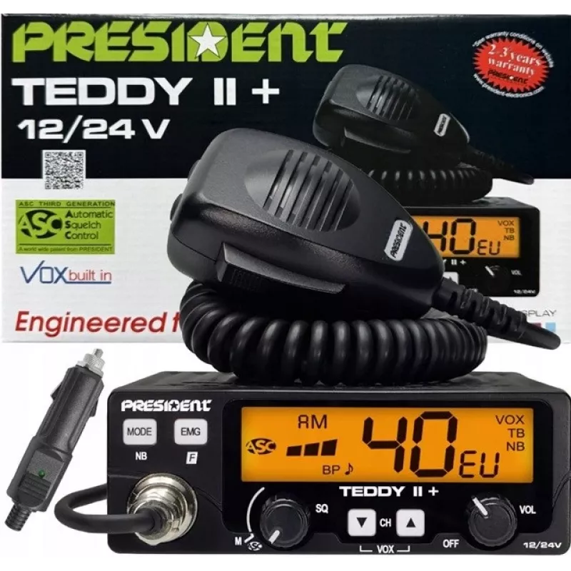 Rádio CB President Teddy II+ — 40 canais, 4 W potência de emissão, 12/24 V, filtro de interferências, 125×125×45 mm