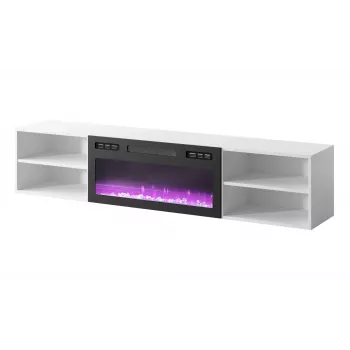 Móvel de TV cama meble POLO 180x33x39 cm com lareira elétrica 1400–1600 W, laminado, branco/preto
