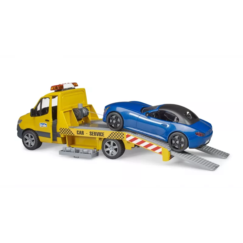 Bruder MB Sprinter transportador de carros com módulo de luz e som, laranja/azul, incl. roadster