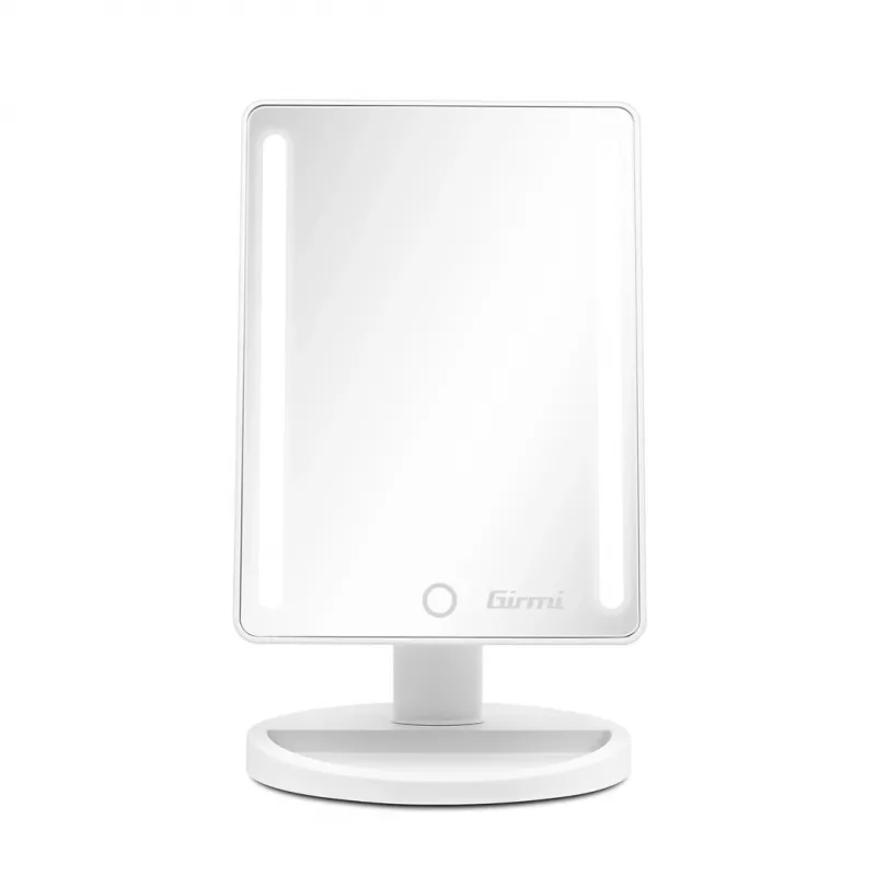 Espelho de maquilhagem de pé Girmi BE04 – retangular com ampliação 1x, LED branco, USB/4×AA, rotação 180°
