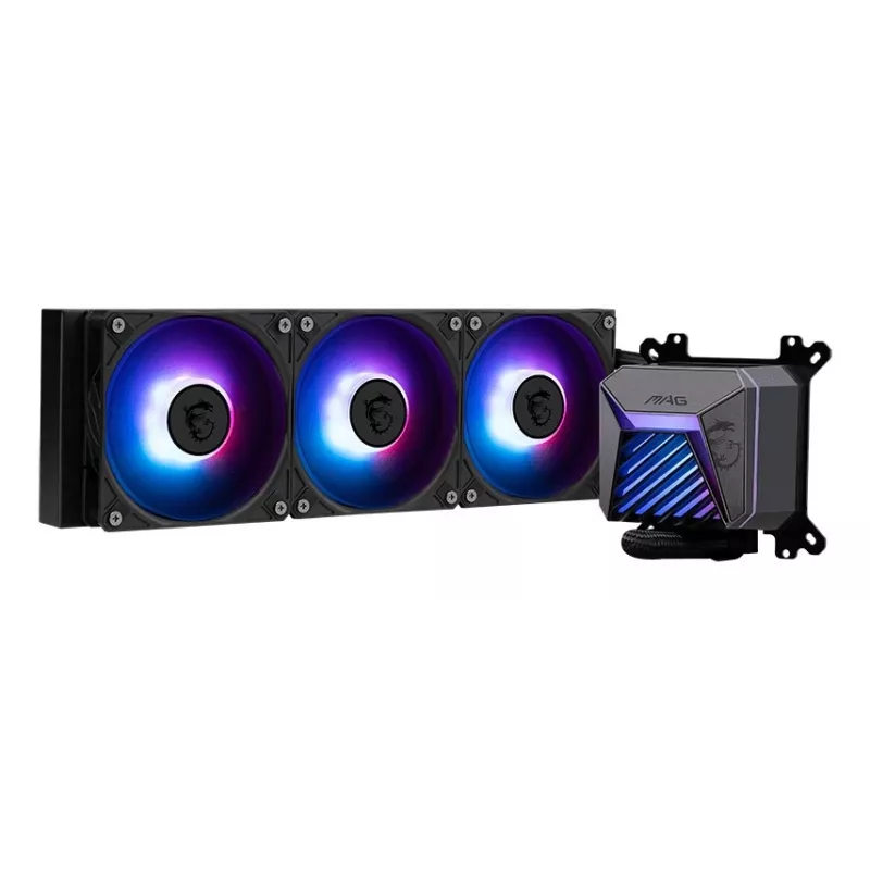 Refrigeração líquida all-in-one MSI MAG Coreliquid A15 360 — 3 ventoinhas de 120 mm, radiador 394 x 120 x 27 mm, bomba 5V, RGB, compatível com LGA 1851