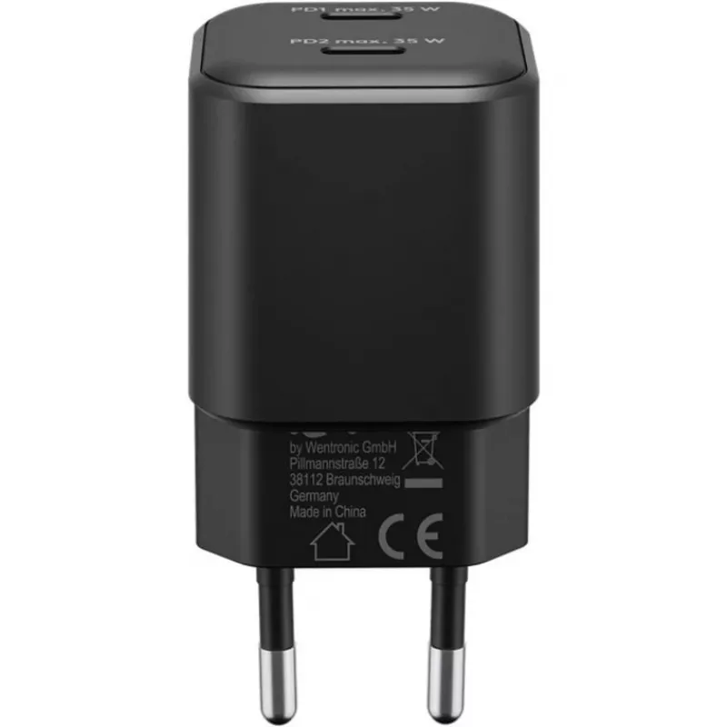 Carregador de parede GOOBAY 75333 — carregador universal AC-USB-C para interiores, 2x USB-C, 35 W, preto
