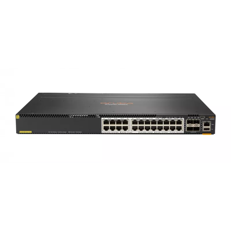 Hewlett Packard Enterprise HPE Aruba 6300M - Switch - L3 - gerido - 24 x 1/2,5/5/10GBase-T + 4 x 1 Gigabit / 10 Gigabit / 25 Gigabit / 50 Gigabit SFP56 (Uplink / Stacking) - Frente