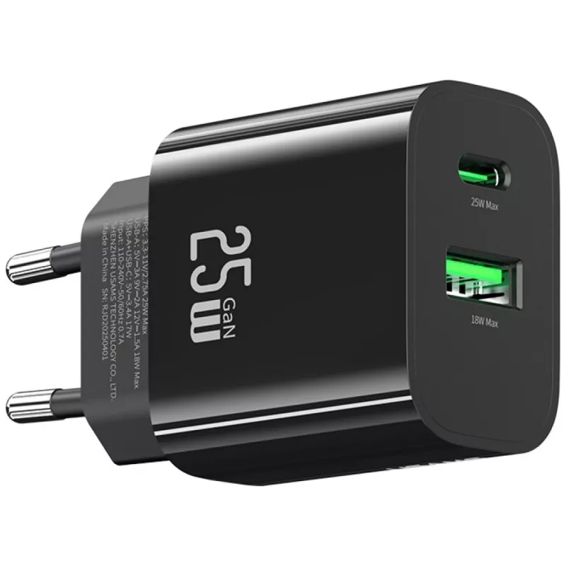 Carregador USB usams USA001629 25W 1×USB-C + 1×USB-A carregamento rápido