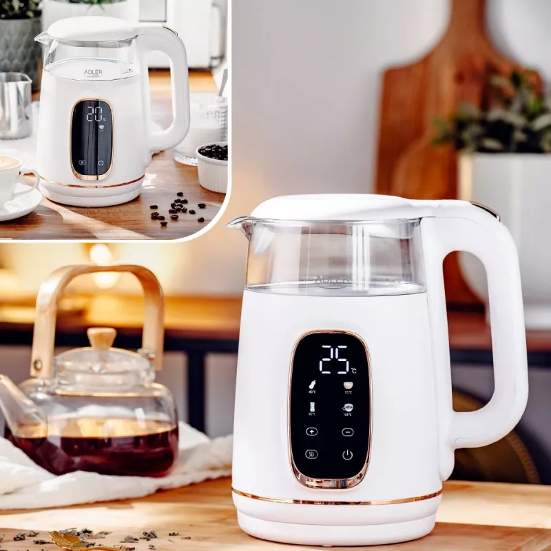 Chaleira elétrica Adler AD 1305WG — 1,7 l, 2200 W, vidro/plástico, branco/dourado/transparente