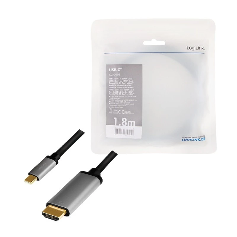 Cabo LogiLink CUA0101 USB 3.2 Gen1 Type-C para HDMI-A 1,8 m preto cinzento