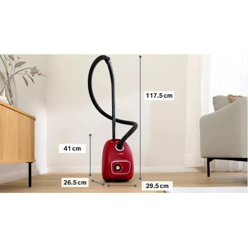 Aspirador de pó Bosch BGB 41RD3H — 600 W, saco de 4 l, filtro HEPA, raio de ação de 11 m, tubo telescópico, vermelho