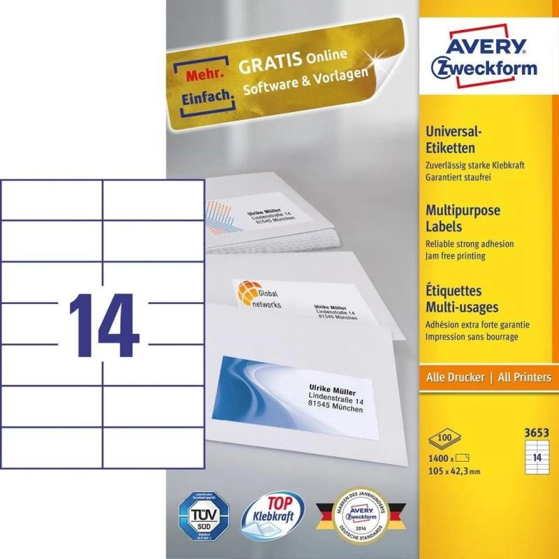 Etiqueta autocolante Avery 3653 retangular permanente branco 1400 unid.